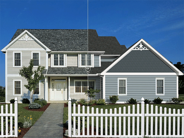 Before-and-after GIF of a two-story house showing updates to roofing and siding.